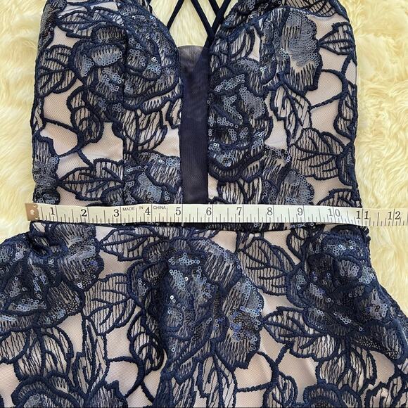 B Darlin Floral Lace Fit and Flare Dress Dark Blue 1/2 - Picture 11 of 13